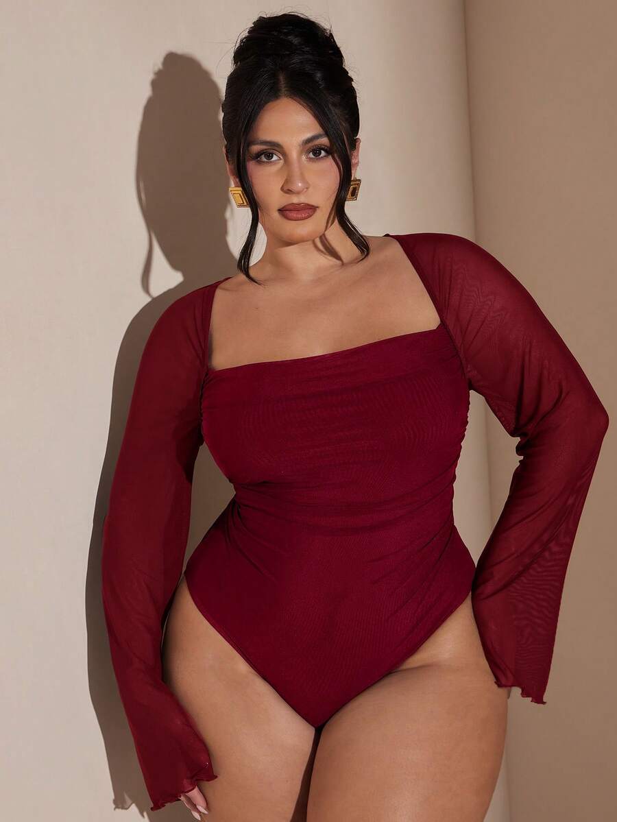 SHEIN BAE Bộ đồ liền thân dài tay màu tím thanh lịch cỡ lớn dành cho nữ, mùa thu/đông - Màu Đỏ Sâu - Xem 1