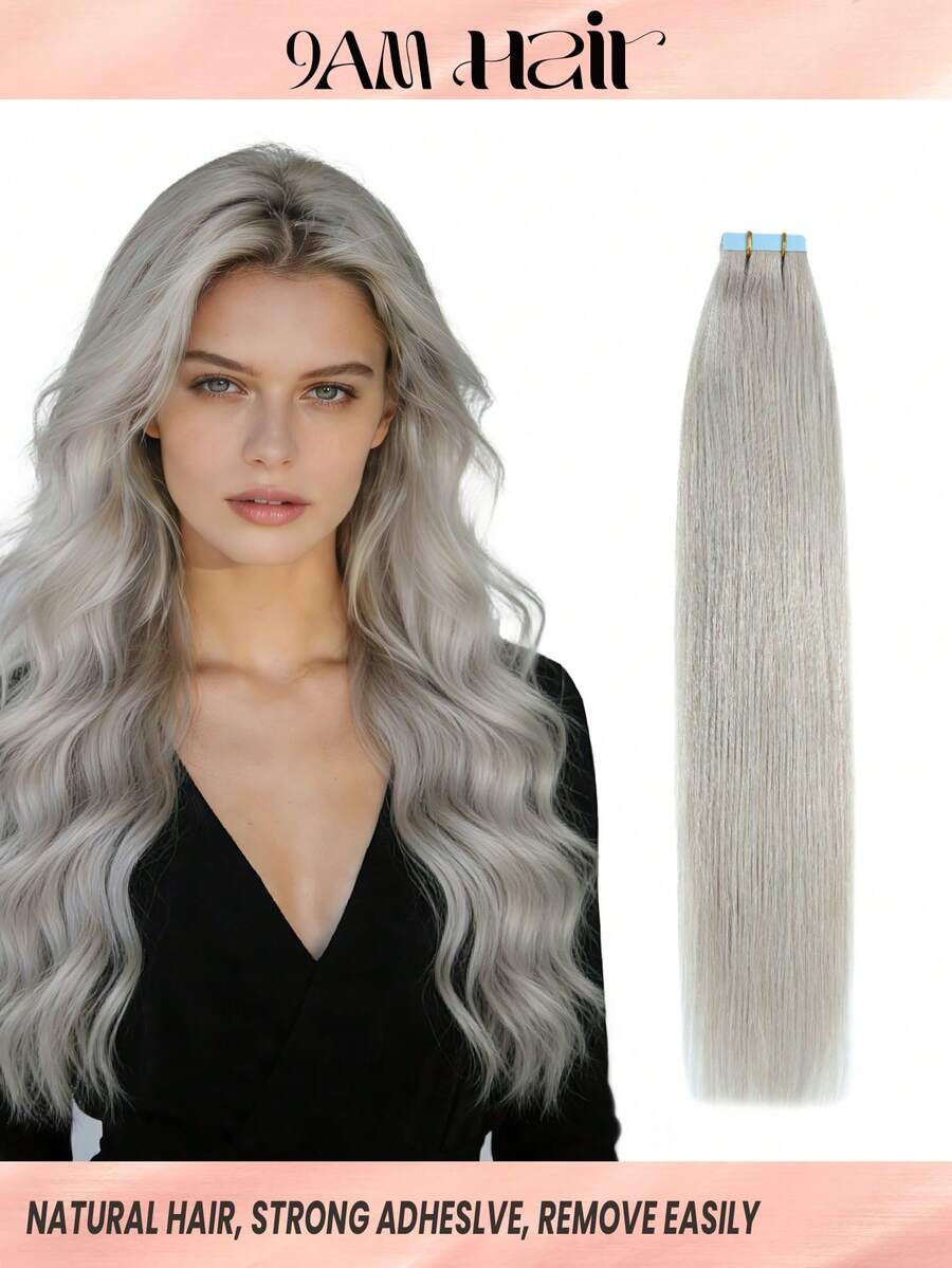 Tape In Hair Extensions 100% Remy Human Hair 12-24inches Silver Grey Color Straight Seamless Skin Weft Tape Hair Extensions 50g/Pack Tape In Hair Tape Ins Hair Extensions Halloween Costumes - SSilver - View 1