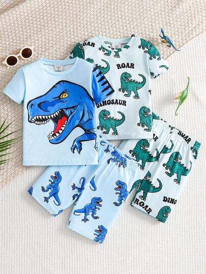 4pcs/Set Kids/Young Boys' Dinosaur Print Round Neck Short Sleeve Shorts Casual Comfortable Pajama Set