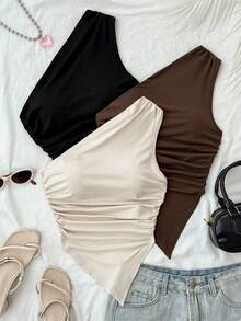 Kids Summer Tops Teen Girls 3pcs Vacation Casual Asymmetric Hem Asymmetrical Shoulder Top, Summer 2 Pieces Set, Suitable For Back To School, Afternoon Tea, Casual, Beach Wedding Guest, Graduation Brunch, St. Patrick's Day, Spring Break, Easter, Music Festival, Elegant Boho Tropical, Brown, Black, Apricot Strapless Tops Cute Tube Tops Brown Tops Basic Tops Tube Tops Cute Tops Summer Tops Summer Tube Tops One Shoulder Tops - Multicolor - View 1