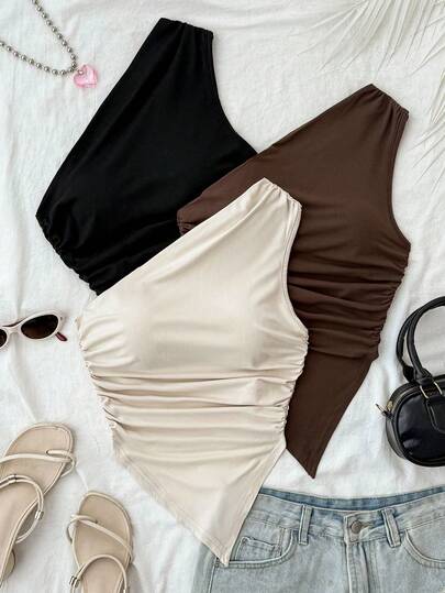 Kids Summer Tops Teen Girls 3pcs Vacation Casual Asymmetric Hem Asymmetrical Shoulder Top, Summer 2 Pieces Set, Suitable For Back To School, Afternoon Tea, Casual, Beach Wedding Guest, Graduation Brunch, St. Patrick's Day, Spring Break, Easter, Music Festival, Elegant Boho Tropical, Brown, Black, Apricot Strapless Tops Cute Tube Tops Brown Tops Basic Tops Tube Tops Cute Tops Summer Tops Summer Tube Tops One Shoulder Tops