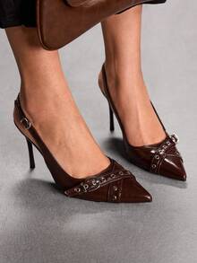 CUCCOO SZL 女士尖头搭扣设计时尚高跟鞋，适合日常穿着 - 咖啡棕 - 查看 7