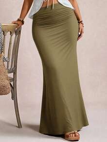 Freevana Saia longa de malha evasê vintage romântica e elegante plus size, ideal para festas e encontros, outono/inverno. - Verde de Exercício - Ver 5