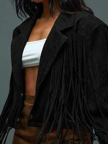 Hauture Women's Sexy Boho Faux Suede Dark Chocolate With Fringe Bold Shoulder Jacket - Black - View 6