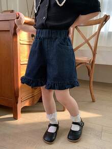 DAZY Young Girl Plain Slant Pocket Elastic Waist Ruffle Hem Washed Denim Jeans - Blue - View 6