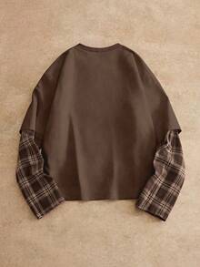 HIMLAND 男士圆领格子拼接休闲百搭通勤长袖T恤 - 咖啡棕 - 查看 2