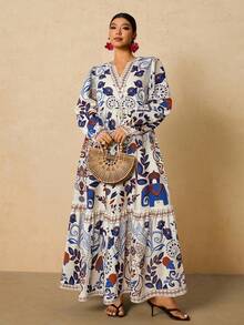 Travachic Đầm dài tay in hoa phong cách Bohemian cỡ lớn, trang phục thường ngày đi nghỉ dưỡng. - Màu be - Xem 5