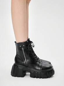 ROMWE Grunge Punk 女士厚底休闲系带踝靴，适合日常穿着 - 黑色 - 查看 3