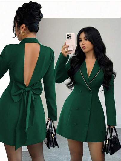 Rafferiza Vestido elegante de manga larga sin espalda con cintura ceñida y doble botonadura para mujer