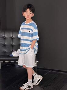SHEIN Little Byeori 两件套男童休闲简约圆领短袖短裤套装，适合夏季穿着 - 白色 - 查看 9