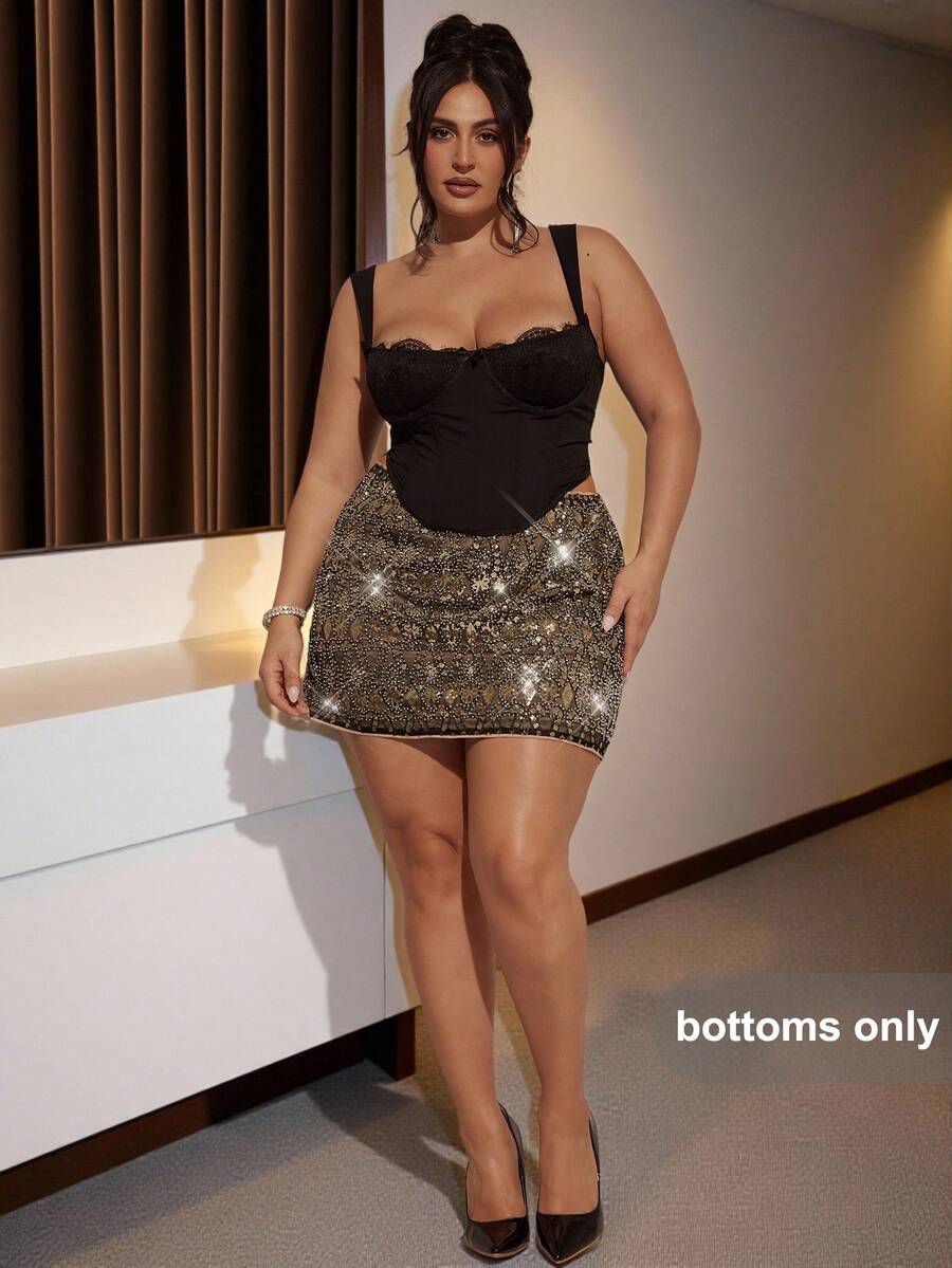 SHEIN BAE Plus Size Women's Fashionable Party Black Sequin Mini Skirt,Women's  Low Rise Sequin Mini Skirt, Super Skirt For Party, Clubbing, Back-To-School,Plus Size Skirt,Cocktail Skirt,Elegant Party Wear,Halloween Costume - Black - View 1