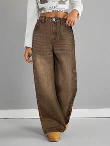 SHEIN 复古蓝色宽松低腰牛仔裤，适合青少年女孩 - 棕色 - 查看 3