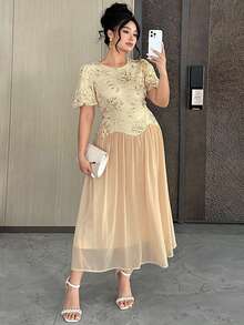 Dazy Plus Plus Size Women Elegant Lace Patchwork Chiffon Bodycon Midi Dress, Suitable For Dates Summer Sundress Floral Dresses For Women - Apricot - View 4