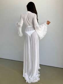 Aloruh 对比色网眼喇叭袖系带睡袍（不含内衣套装） - 白色 - 查看 2