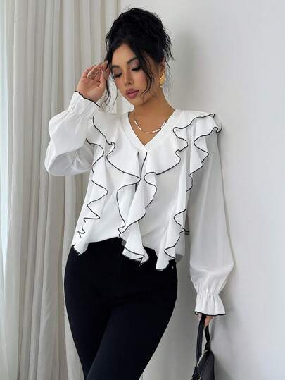 SHEIN Elenzya Women's V-Neck Ruffle Patchwork Fashionable Versatile Commuting Long Sleeve Blouse