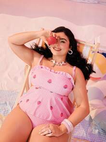 Swim Mod 大码女式两件套随机印花吊带泳衣，带收腹设计，适合海滩和度假 - 彩色 - 查看 7