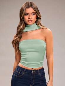 SHEIN BAE Women's Solid Color Cropped Fitted Elegant Halter Top - Mint Green - View 7