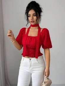 Selianne Damen elegante Bluse mit quadratischem Kragen, Sommer - Rot - Übersicht 4