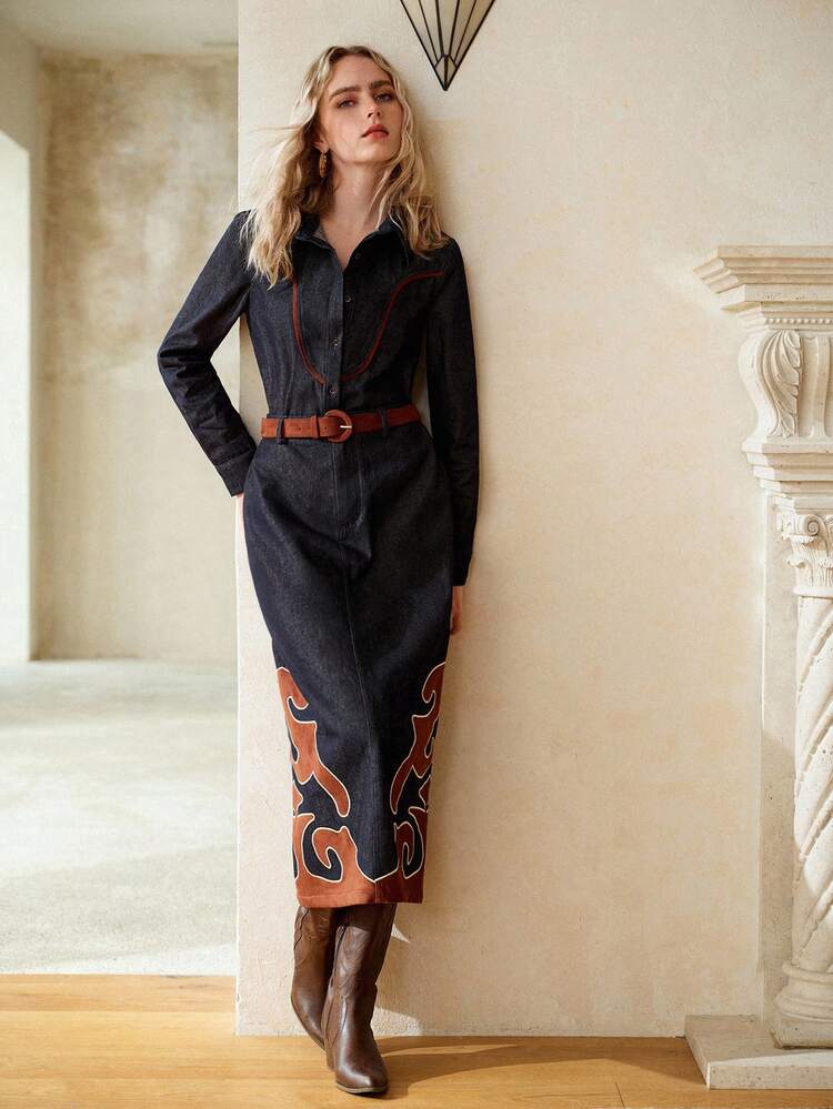 WOMEN'S ELEGANT EMBROIDERED DENIM SKIRT WITH BELT