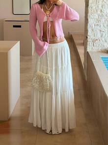 Sunnyshic Women's Pink Fringe Trim Tie Front Casual Sexy Fashionable Versatile Shiny Elegant Cardigan, Summer - Pink - View 1