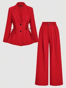 SHEIN MOD Setelan Jas dan Celana Motif Vintage dengan Tali Pengikat - Merah - View 9