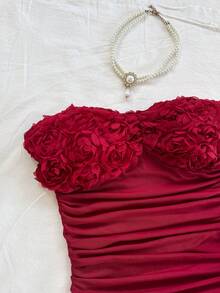 Soleia Women's Romantic Vacation Rose Textured Fabric Patchwork Mesh Bustier Top And Mesh Draped Tie Waist Maxi Skirt Set, Casual, Date Night, Nightclub, Afternoon Tea, Beach, Cruise, City Vacation, Music Festival, Party, Boho, Music Festival, Hippie, Western, Daily Commute, Red Skirt Set, Rose Set - Burgundy - View 7