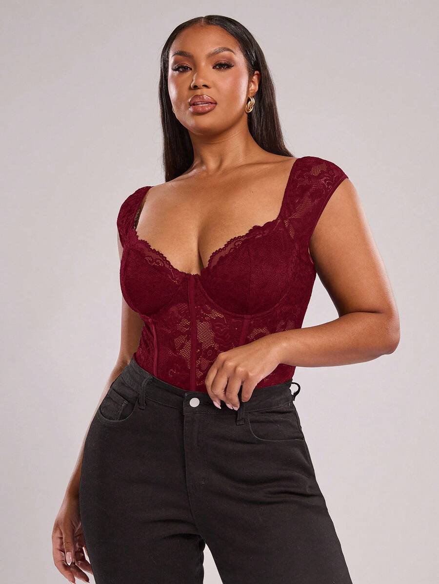 SHEIN BAE 大码女式黑色短袖紧身衣、性感优雅上衣、通勤紧身衣、派对紧身衣、年轻时尚连体裤、蕾丝花边紧身衣、海滩度假休闲紧身衣、户外、下午茶、日常穿着、Y2K 风格、海滩女装、节日晚装、T 恤、工作上衣、狂欢节服装、春季服装、夏季女装、母亲节、母亲节礼物、妈妈、音乐节、音乐会、办公室着装、休闲外出、毕业 - 酒紅色 - 查看 1