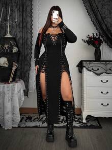 Whyspr Plus Size Women's Fashionable Sexy Halter Neck Slit Tie-Up Dress - Black - View 6