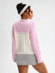 SHEIN Dewbera Áo khoác cardigan dệt kim thể thao thường ngày dành cho nữ, tay dài, vai rớt, phối màu tương phản, khóa kéo phía trước. - Hồng - Xem 2