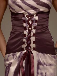 MUSERA 动物纹缎面垂领系带束身细节开衩长裙，情人节性感可爱派对浪漫夜晚外出场合度假春夏 - 彩色 - 查看 6