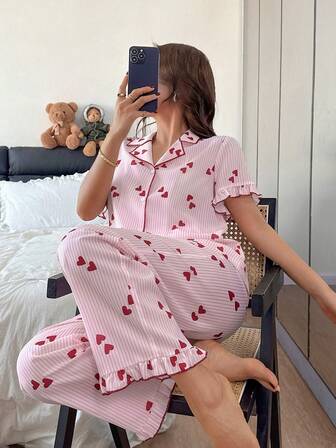 Dream Adore Women's Pink Short Sleeve Heart Striped Collar Top And Pants Set, Valentine's Day Pajama Set, Comfortable And Elegant Details For Summer