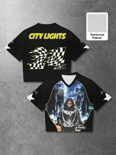 ROMWE MEN Prep 1pc Men's Casual Fashionable Street Chic Checkerboard Numeric & Letter Print Short Sleeve T-Shirt, Summer