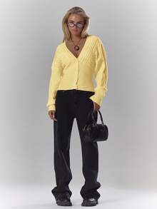 MUSERA V领麻花针织收腰开衫，秋季舒适可爱休闲，适合咖啡馆、俱乐部、冬季、晚宴、新年、感恩节等场合，春季皆宜。 - 鵝黃色 - 查看 3