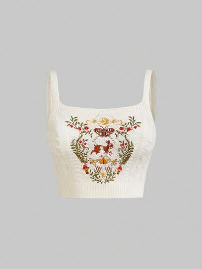 Suéter de punto jacquard con bordado retro de estilo fairycore con conejo, polilla, luna, estrella y flores para mujer