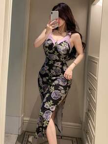 DAZY Floral Print Contrast Color Splice Fitted Sleeveless Long Women Nightgown - Black - View 1