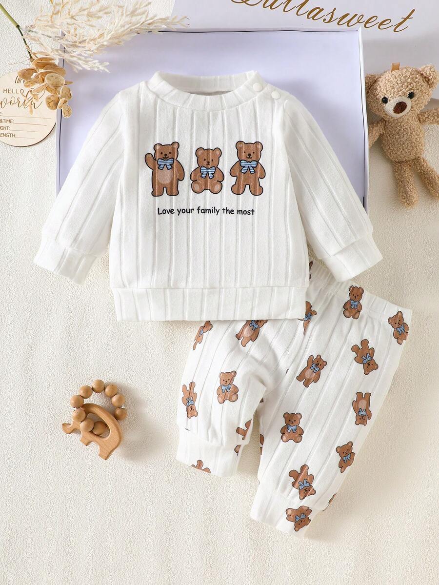 新生儿杏色小熊图案印花长袖上衣搭配印花长裤，两件套。秋季新款。面料舒适，可爱休闲。男女宝宝均可穿着。 - 白色 - 查看 1