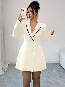 Rafferiza 女士时尚优雅双排扣翻领露背蝴蝶结连衣裙 - 杏色 - 查看 5