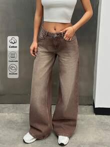 EURMUSE Jeans à jambe large, taille basse, poches inclinées, lavage brun, style décontracté - Tabac - Voir 5
