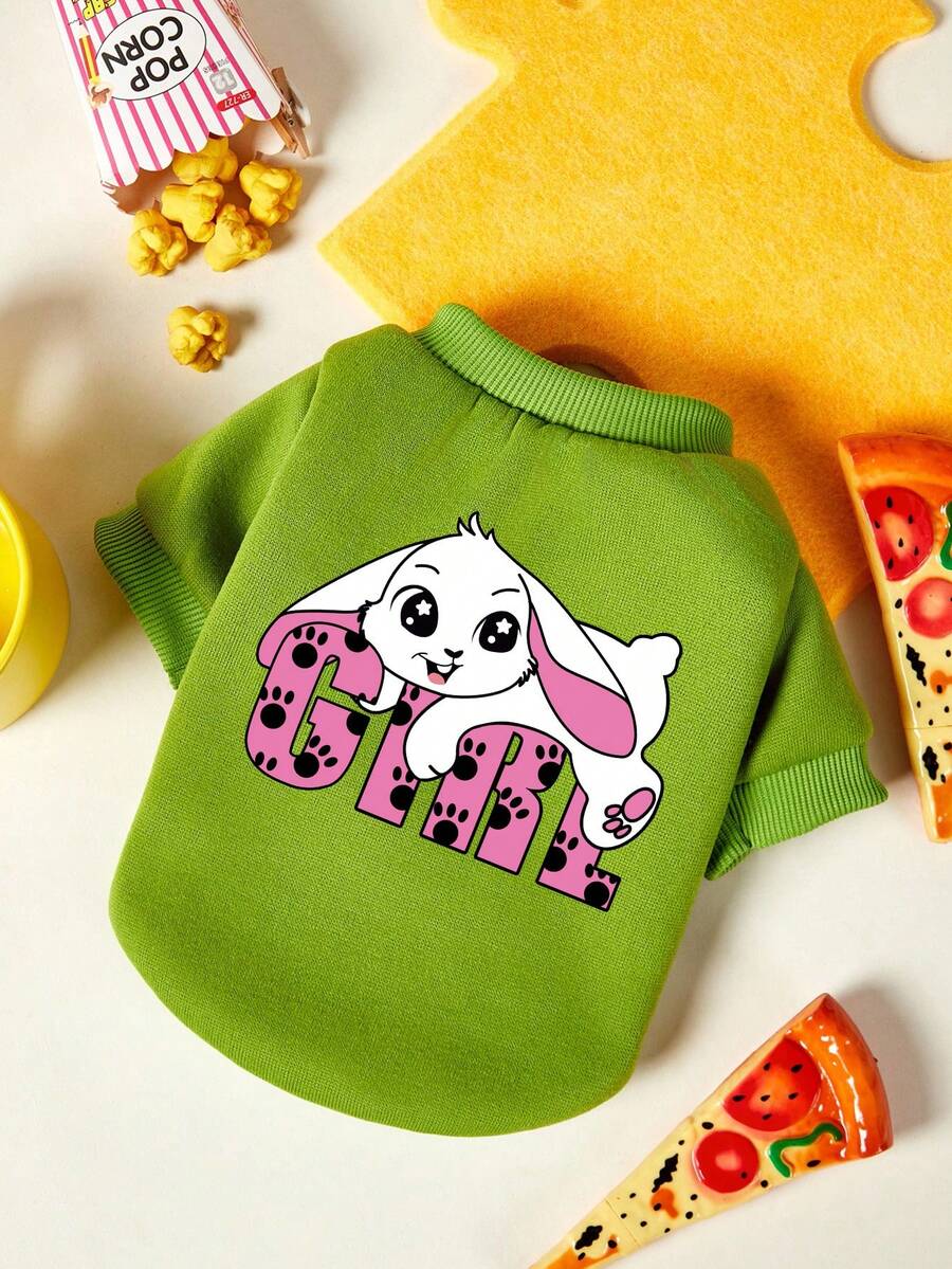 PETSIN 1件可爱兔子字母印花宠物服，秋冬季绿色加厚保暖宠物服装