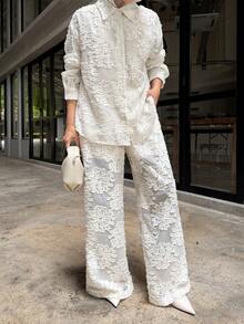 DAZY Women's Collared Jacquard Single-Breasted Long Sleeve Top And Wide-Leg Pants Fashion Casual Outfit - White - View 8