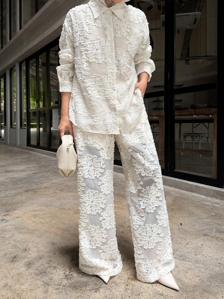 Women's Collared Jacquard Single-Breasted Long Sleeve Top And Wide-Leg Pants Fashion Casual Outfit