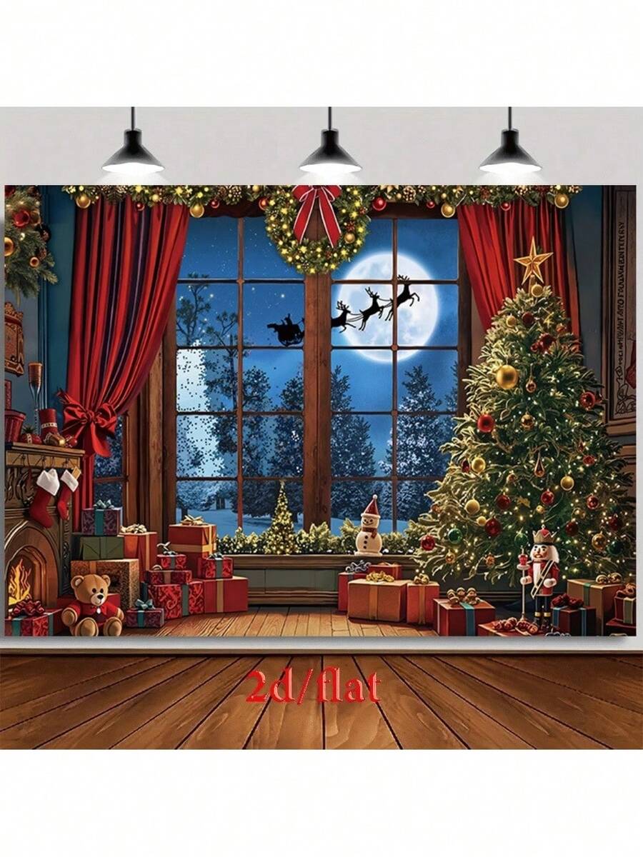 1 Piece Of Christmas Themed Party Background Fabric - Holiday Window Scenery, Tree And Gift Scenes, And Snow Santa Claus Sled, Polyester Fabric Suitable For Weddings, Birthdays, Festivals - No Electricity Required, Easy To Install, Christmas Decoration, Holiday Background Design, Flat Design - Multicolor - View 1