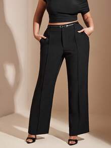 SHEIN BAE Plus Size Pants, Suitable For Valentine's Day, Summer, Birthdays, Valentine's Day Plus Size, Plus Size Sexy Pants, Curvy Pants, Formal, Curved, Party, Business, Formal Occasions, Commuting, Workwear