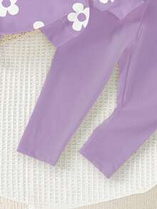 两件套可爱甜美女婴休闲套装，白色碎花印花设计，紫色长袖圆领卫衣和打底裤，舒适长袖圆领运动卫衣和打底裤，适合秋冬春季穿着。 - 彩色 - 查看 3