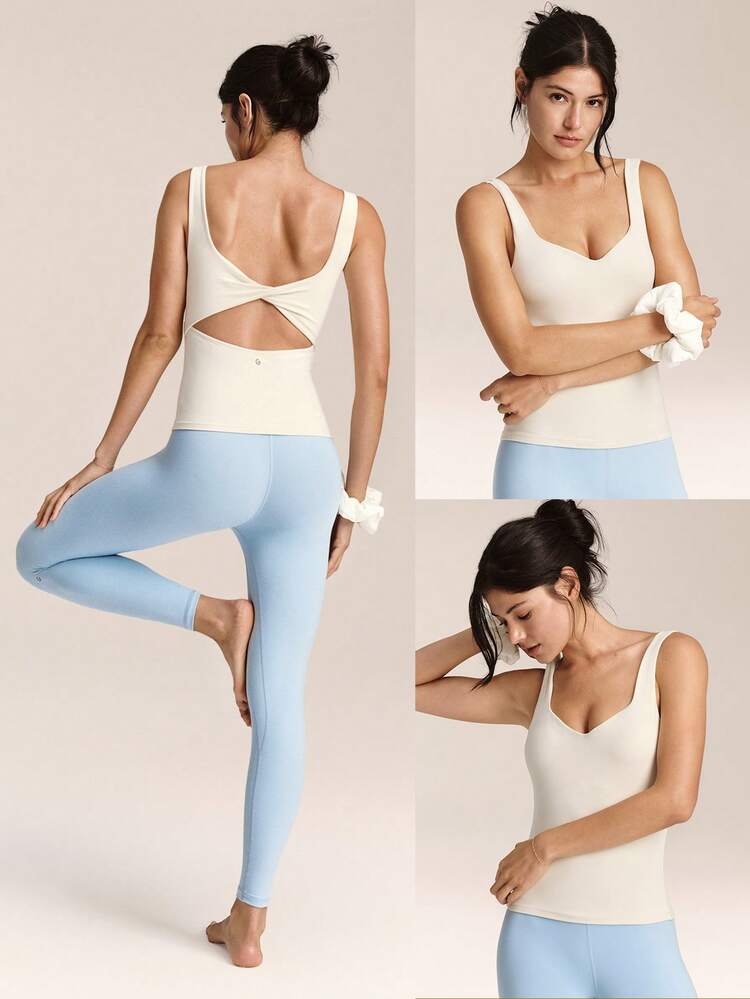 FeatherFit™ Soft Win, miękki jak masło, dekolt w serduszko, skręcony, otwarty tył, wyjmowane miseczki, długi top do jogi o niskim wpływie, codzienne noszenie