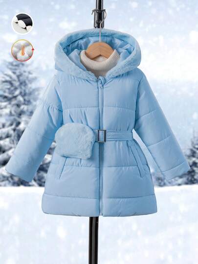 Genkimix Kids Young Girls Quilted Mid-Length Hooded Padded Coat With Waist Tie And Pocket, Suitable For Casual, Outdoor, Autumn/Winter Kids Coat Wear Jackets For Girl Jains Girl Kids Winter Jacket Girls Coats Winter