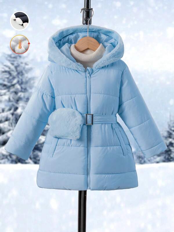 Genkimix Kids Abrigo acolchado de media longitud con capucha para niñas jóvenes, con cintura ceñida y bolsillo, chaqueta casual para exteriores otoño/invierno, abrigos para niñas
