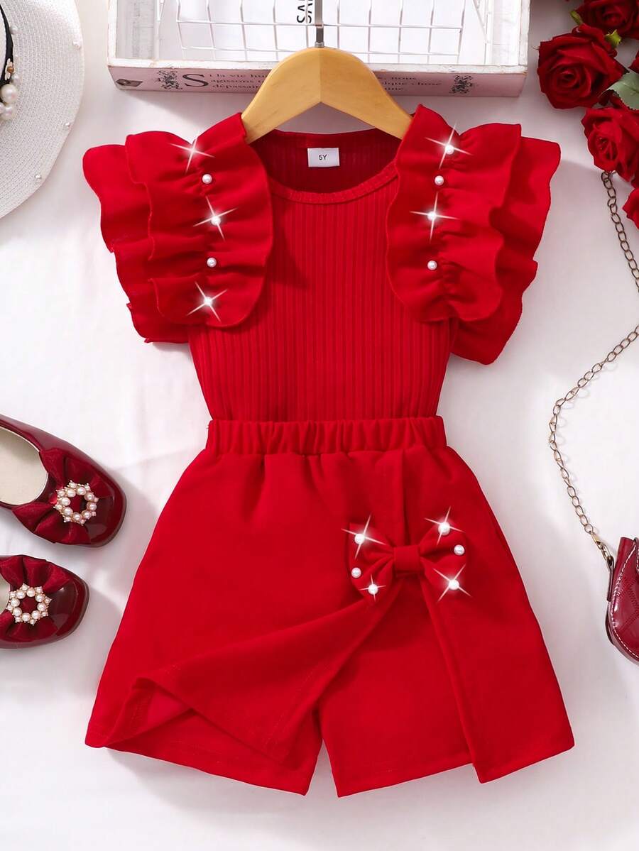 两件套女童罗纹无袖珍珠荷叶边上衣和纯色蝴蝶结短裙，休闲夏季套装 - 紅色 - 查看 1