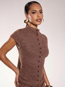 Normani Women's Solid Color Cap Sleeve Single-Breasted Ribbed Casual Mini Dress Button Dress Brown Sexy Dress - Brown - View 5