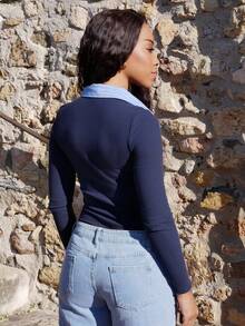 Yess Loren 海军蓝色休闲针织长袖紧身衣 - 藏蓝色 - 查看 3